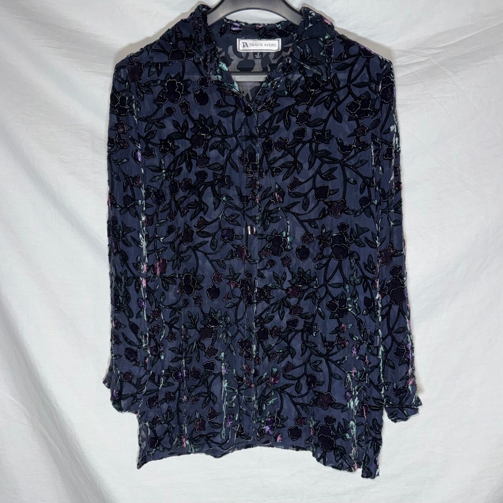 Travis Ayers Silk Blend Burnout Velvet Floral Blouse Purple Teal Navy Size 6